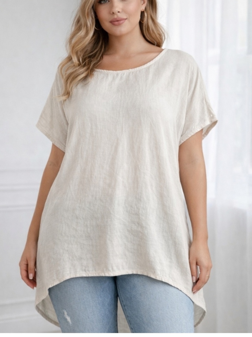Terzo Millennio Sand Linen Scoop Neck Women's Top